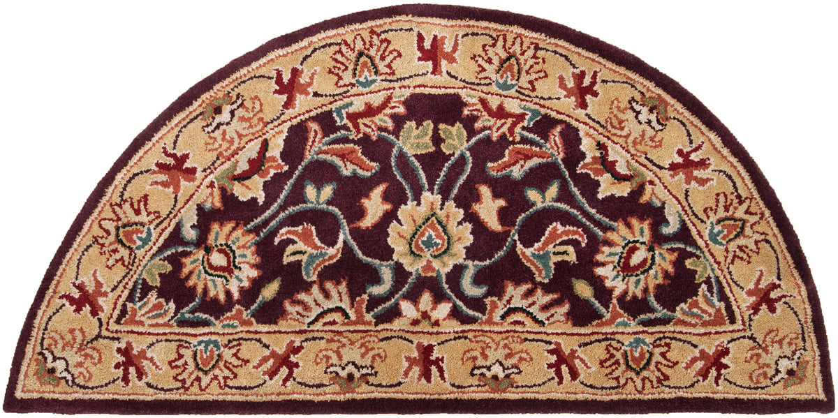 Half-round Nobility Amethyst hand-tufted wool rug with burgundy, tan, and beige floral patterns.