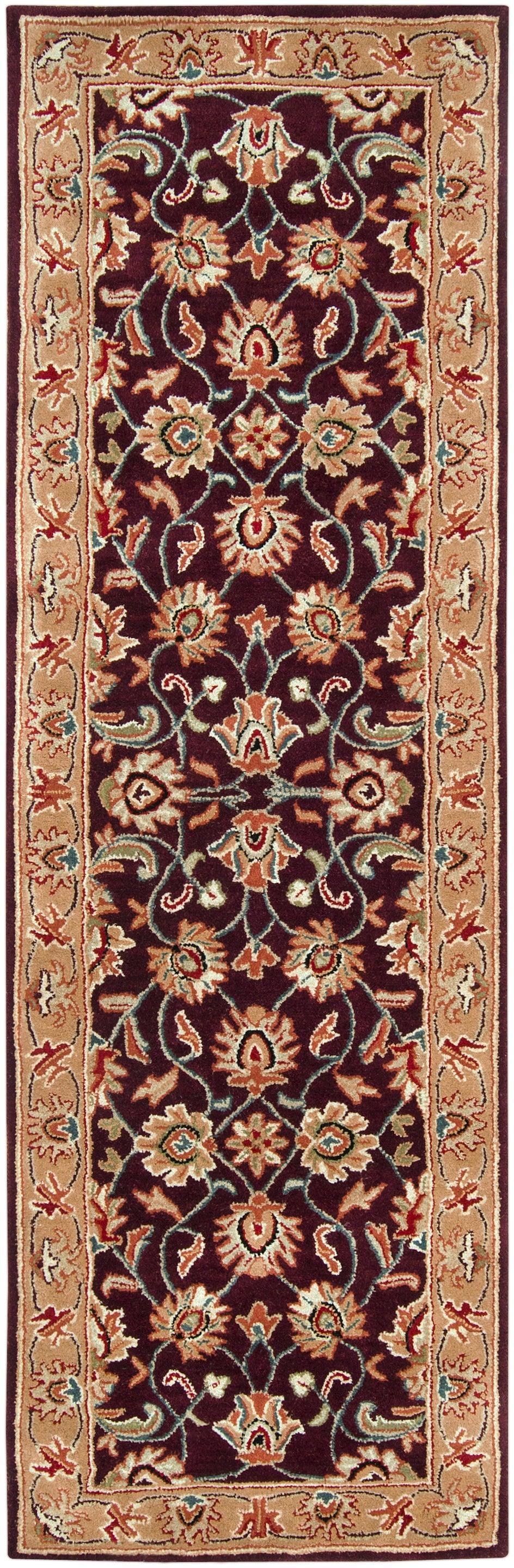 Nobility Amethyst hand-tufted wool runner rug with a burgundy floral pattern and tan border.