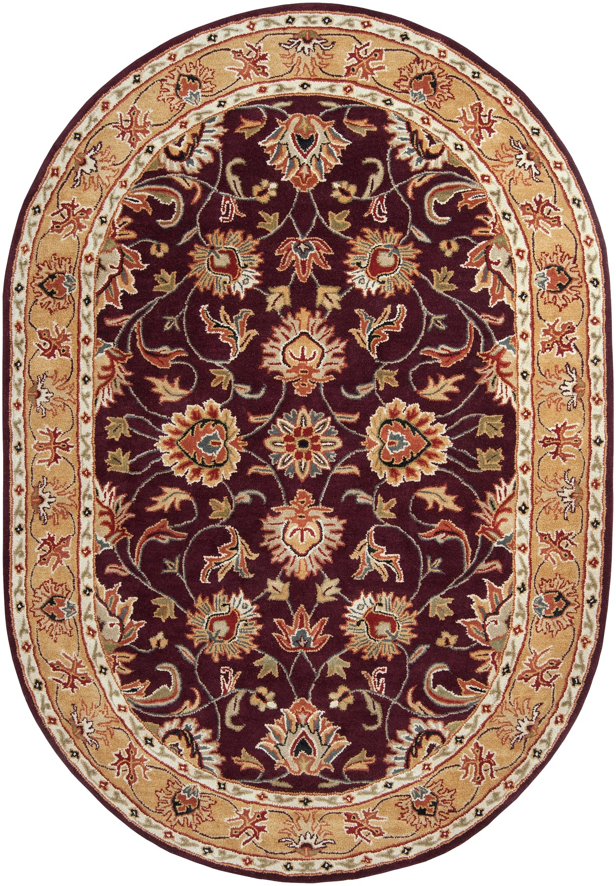 Oval burgundy wool rug with tan floral patterns and traditional borders.