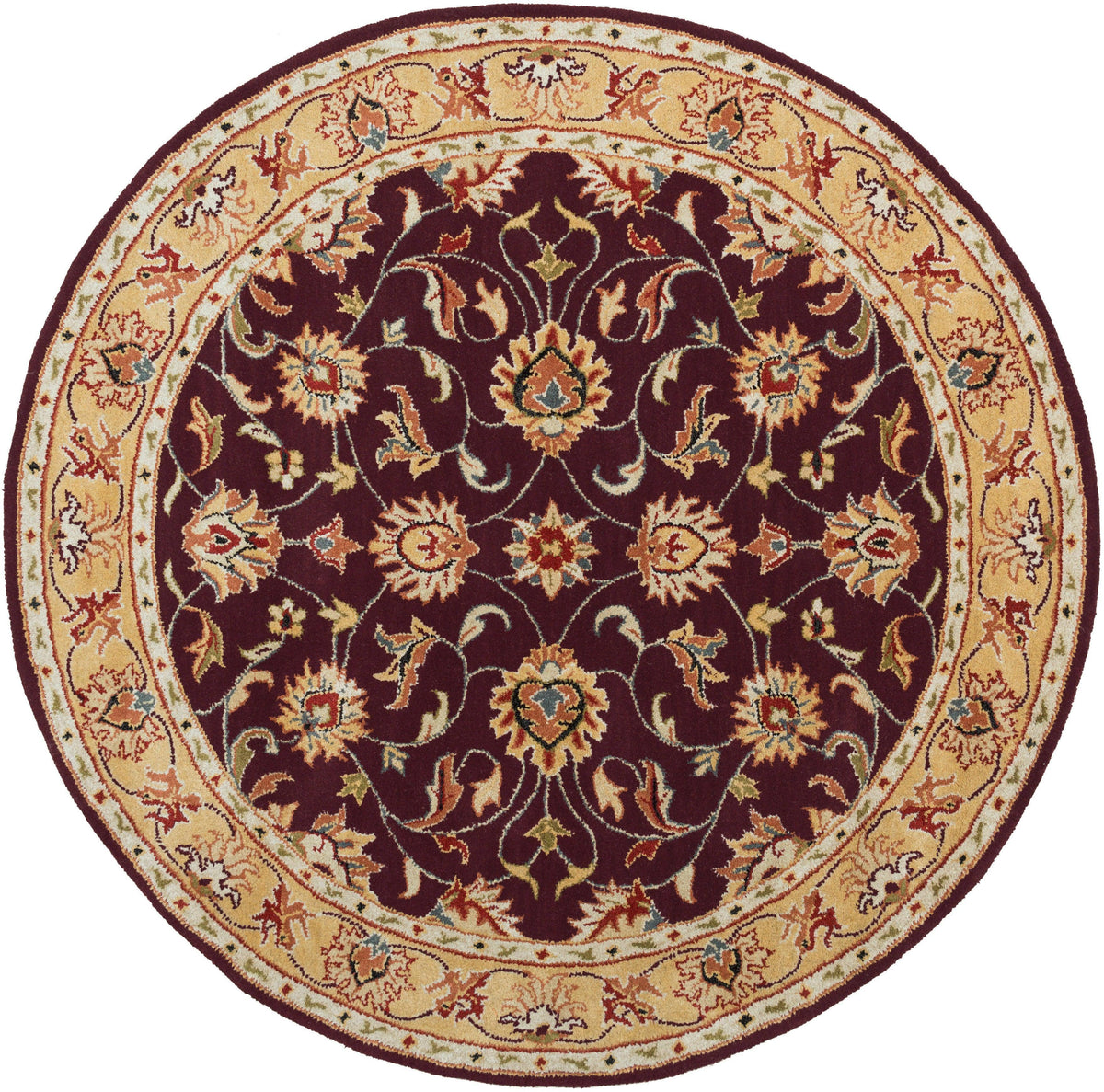 Round burgundy wool rug with traditional floral patterns in tan, beige, and navy.