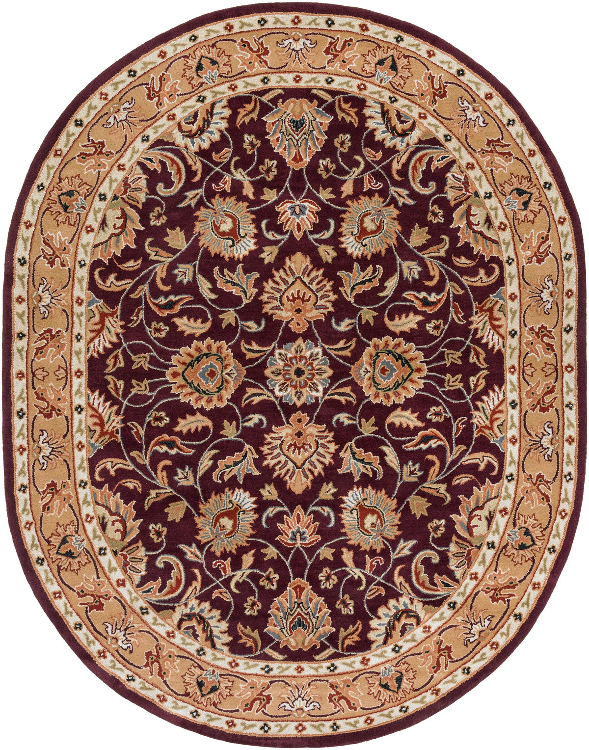 Oval Nobility Amethyst hand-tufted wool rug with burgundy floral patterns and a tan border.
