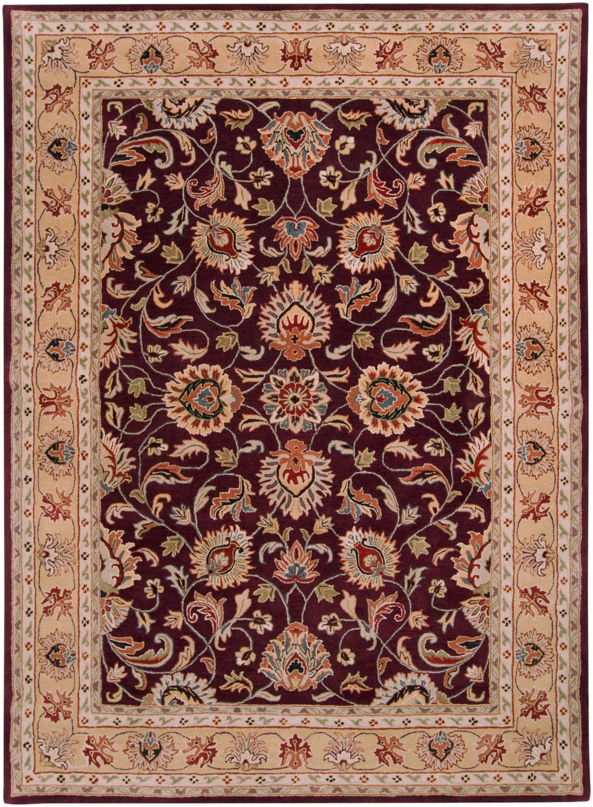 Nobility Amethyst hand-tufted wool rug with a burgundy floral pattern and beige border.