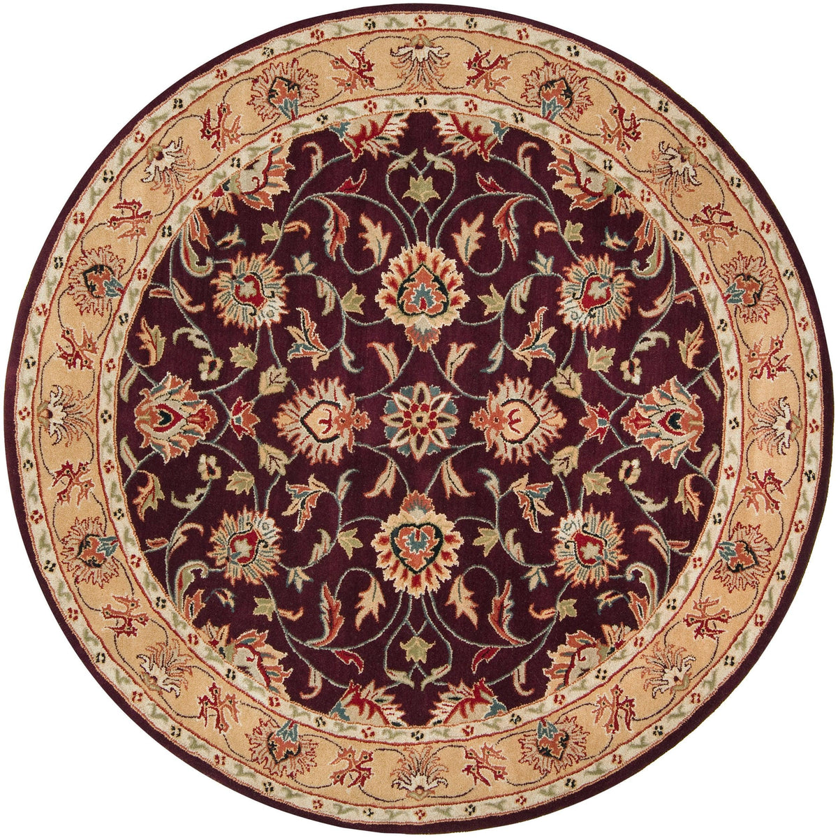 Round burgundy and beige hand-tufted wool rug with traditional floral patterns.