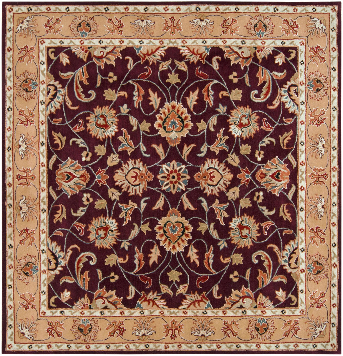 Nobility Amethyst hand-tufted wool rug featuring a burgundy center and tan floral border.