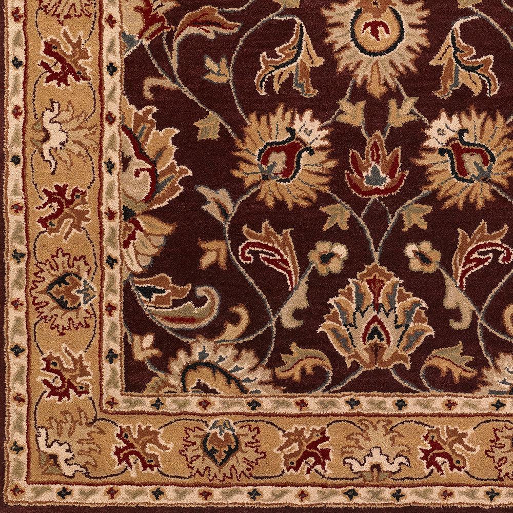 Nobility Amethyst hand-tufted wool rug in burgundy with tan and beige floral patterns.