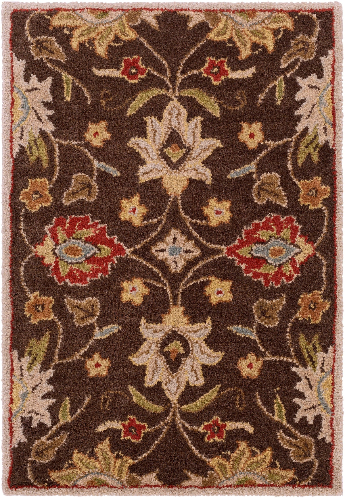 Mediterranean Umber hand-tufted wool rug with dark brown, red, and olive floral patterns.
