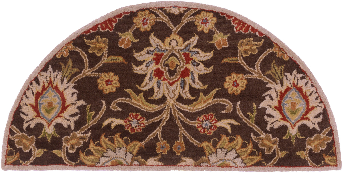 Half-round Mediterranean Umber hand-tufted wool rug with brown, red, and olive floral patterns