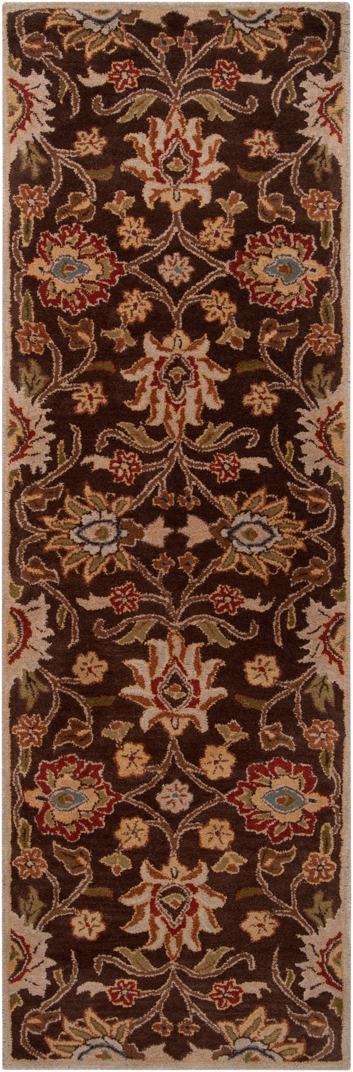 Mediterranean Umber hand-tufted wool runner rug with dark brown, red, and olive floral patterns.