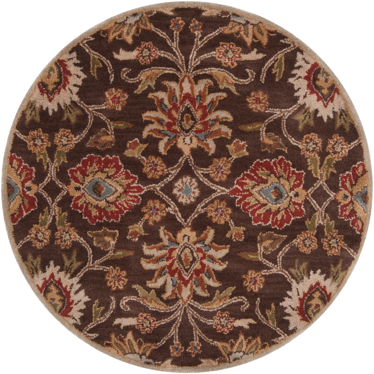 Round Mediterranean Umber hand-tufted wool rug with dark brown, red, and olive floral patterns.