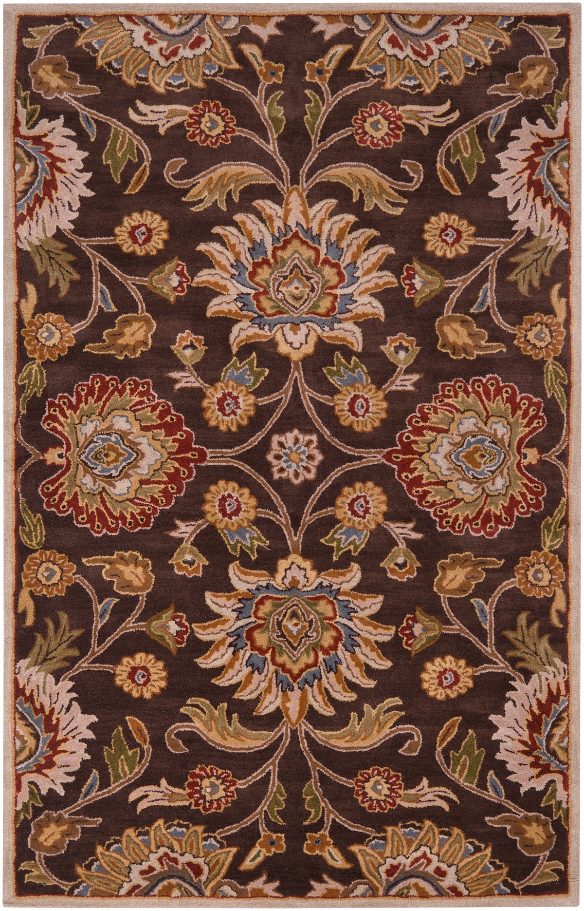 Mediterranean Umber hand-tufted wool rug with dark brown floral pattern, red, and olive accents.