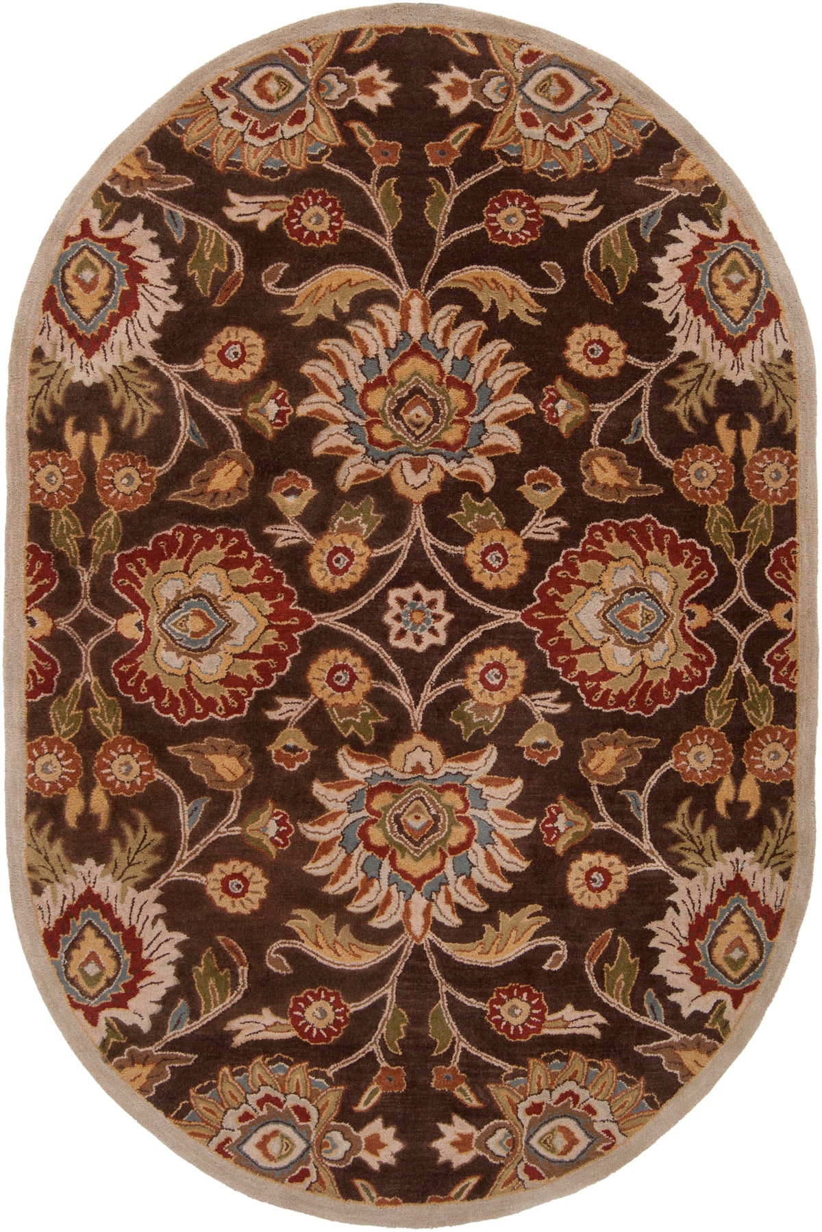 Oval Mediterranean Umber hand-tufted wool rug with floral patterns in brown, red, and olive.