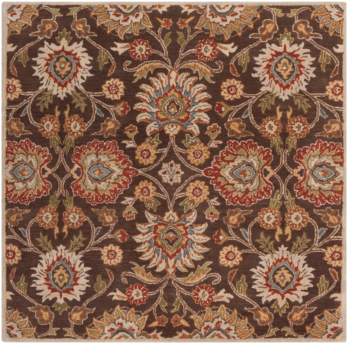 Mediterranean Umber hand-tufted wool rug with dark brown floral pattern and red, olive, and mustard accents.