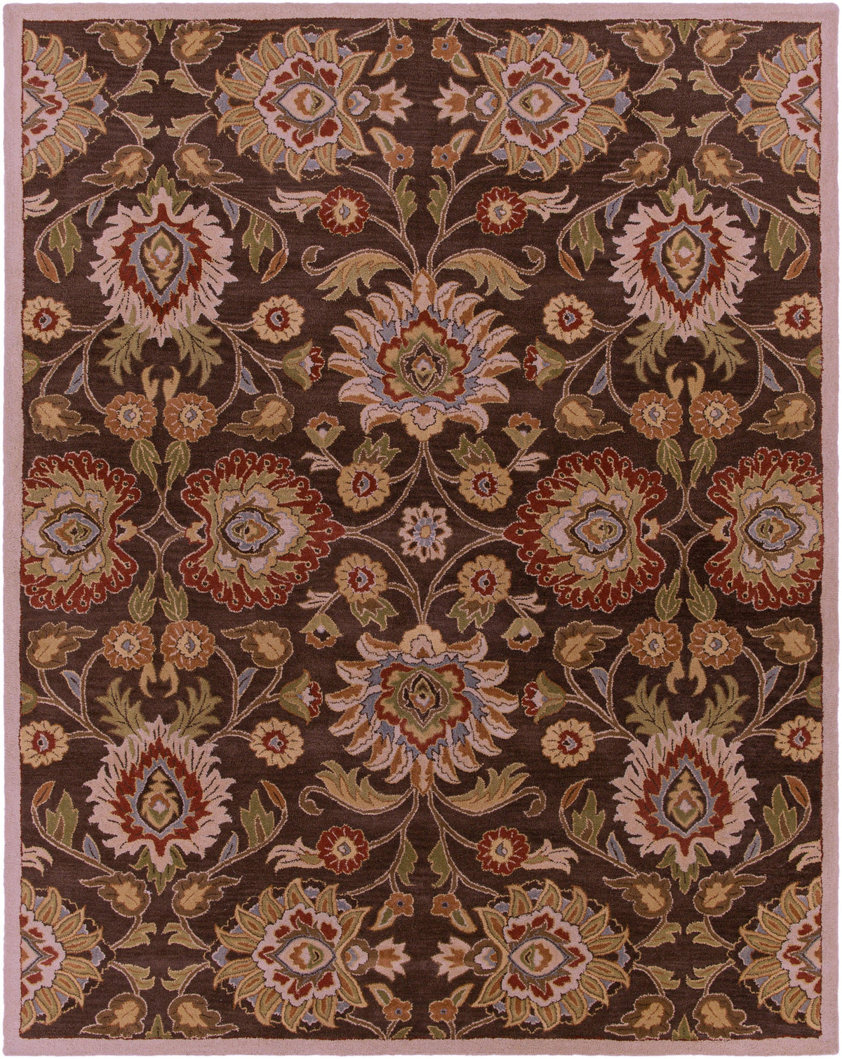 Mediterranean Umber hand-tufted wool rug featuring a dark brown background with floral patterns in red, olive, and mustard.