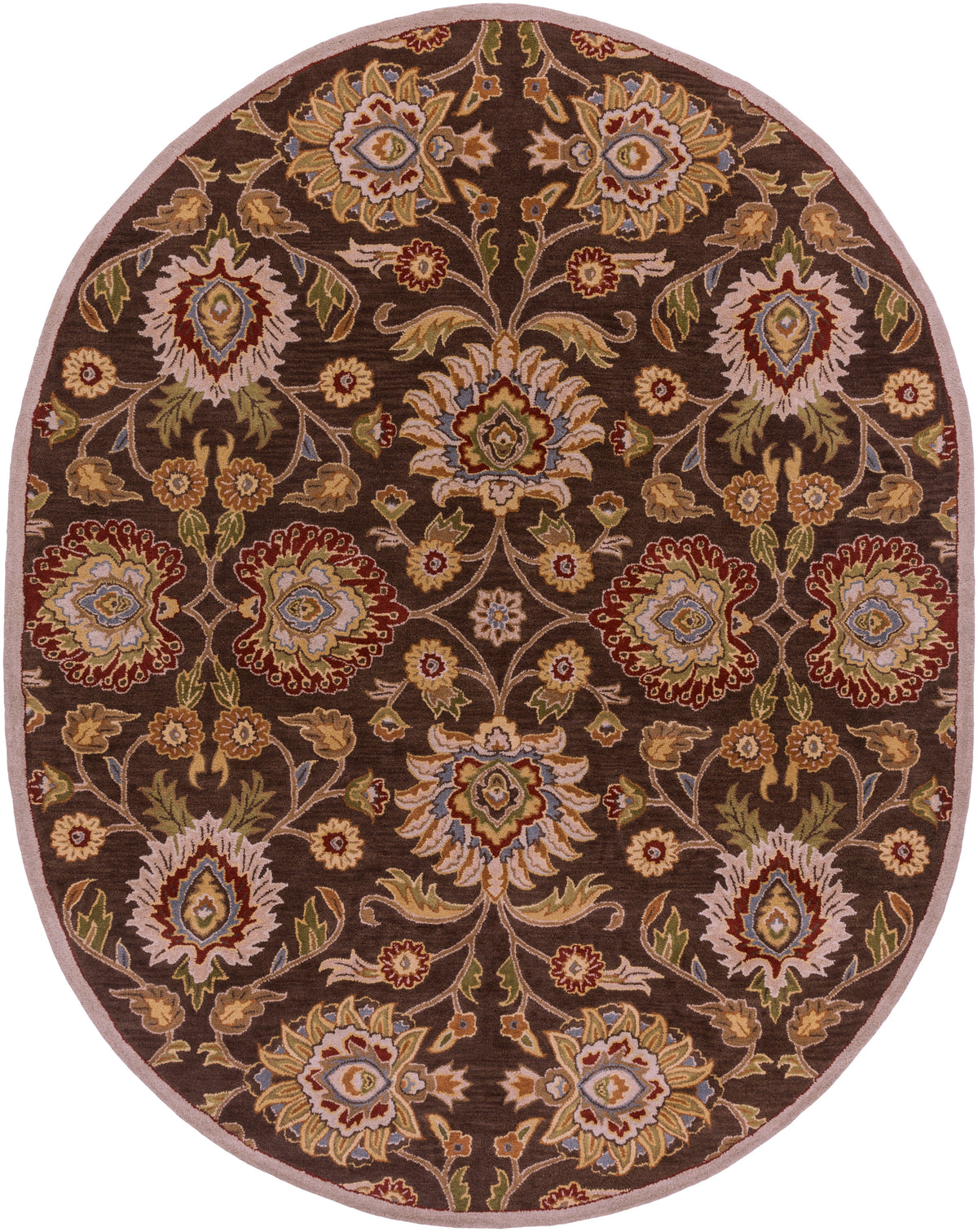 Oval Mediterranean Umber hand-tufted wool rug with brown, red, and olive floral patterns.