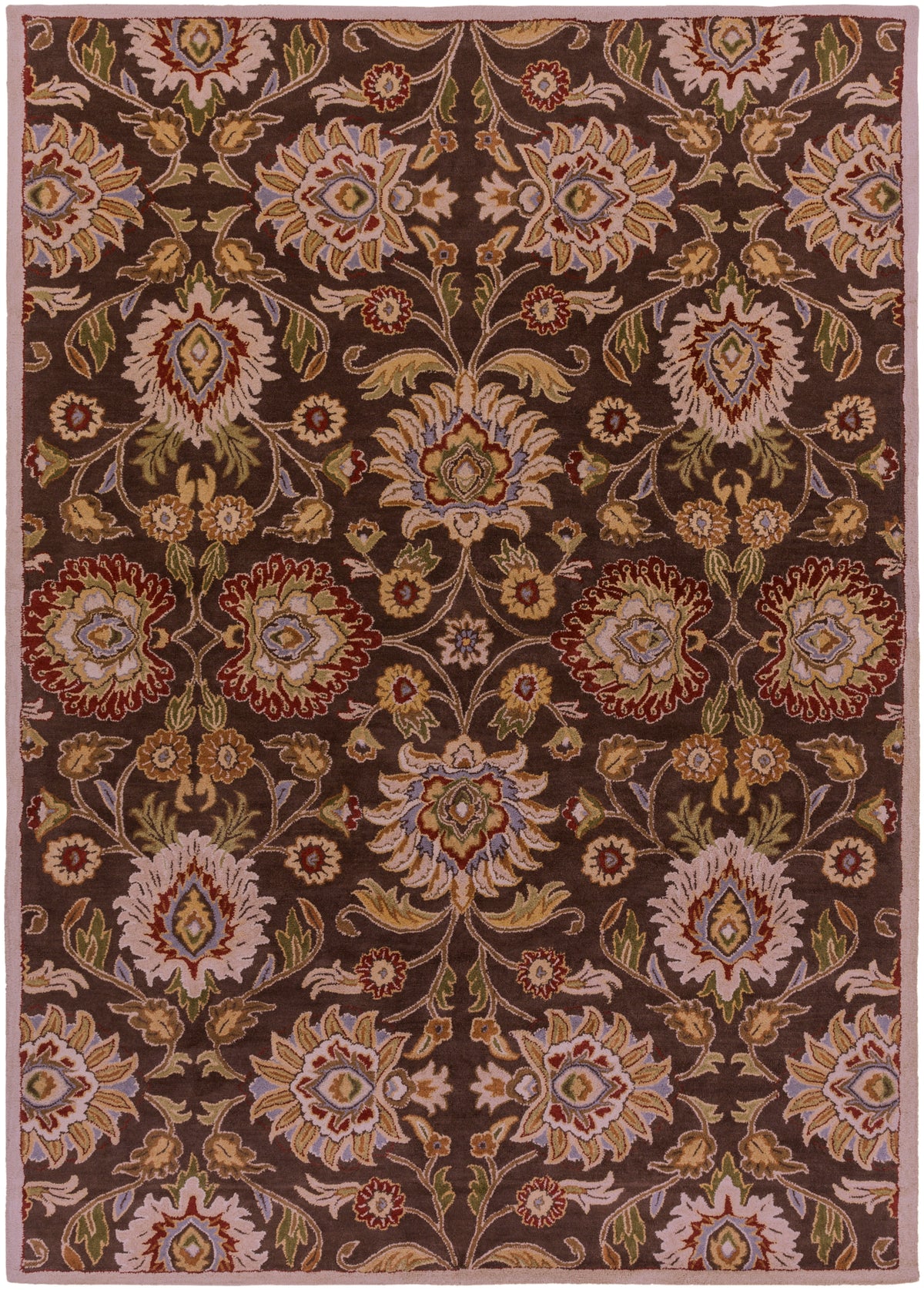 Mediterranean Umber hand-tufted wool rug with dark brown, red, and olive floral patterns.