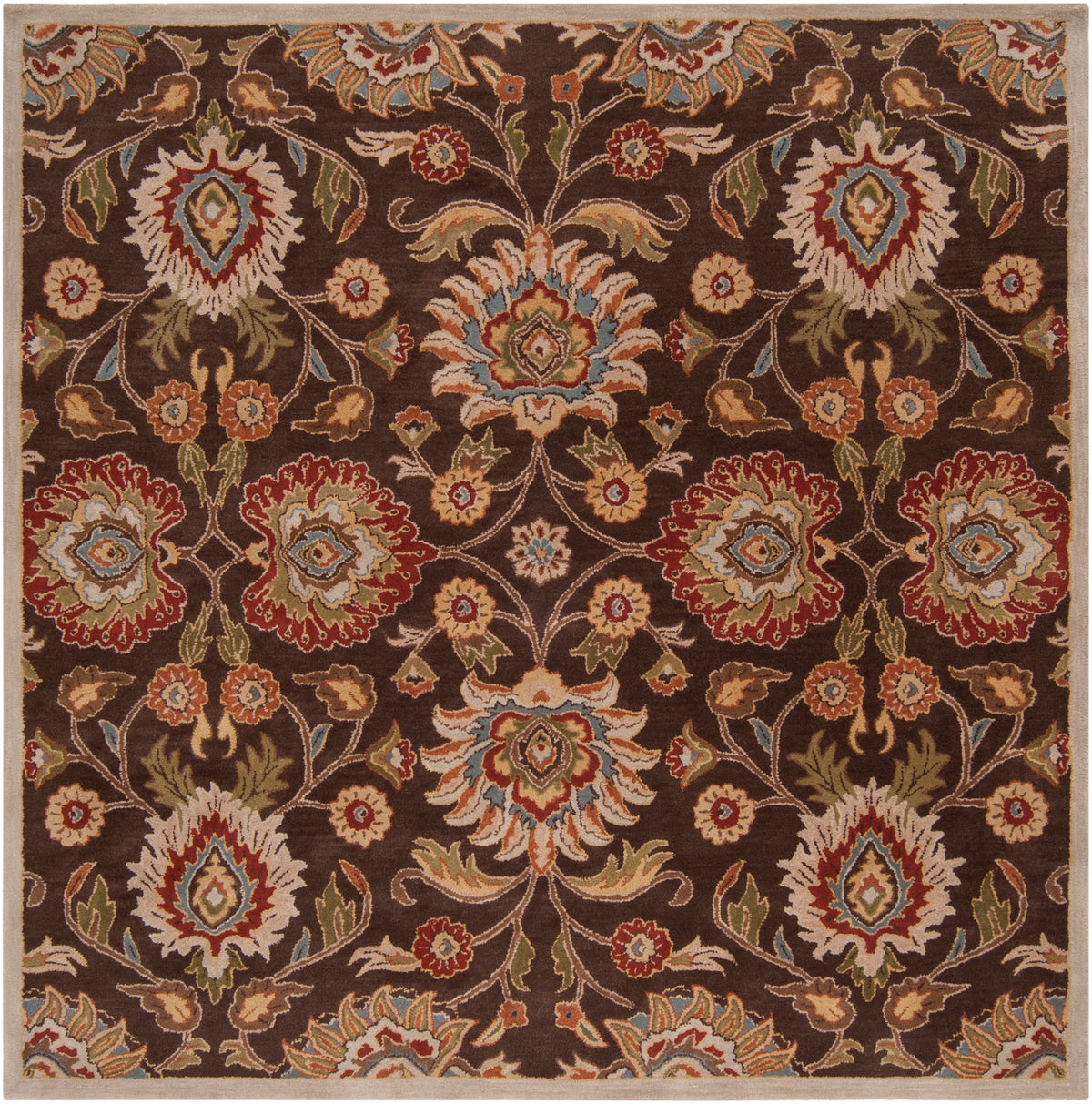 Mediterranean Umber hand-tufted wool rug with dark brown background and floral patterns in red, olive, and mustard.