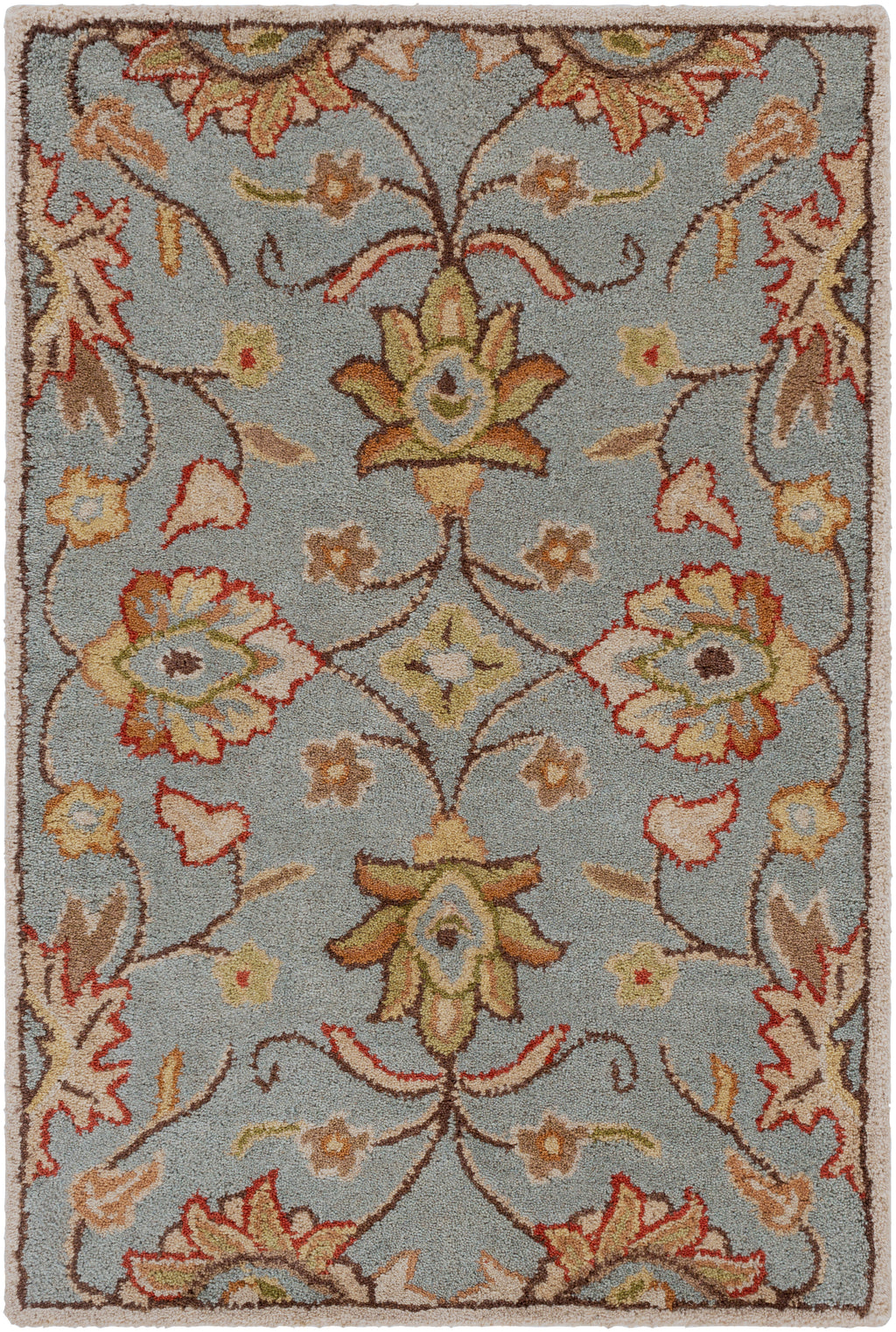 Mediterranean Cerulean hand-tufted wool rug with a classic floral pattern in blue, gold, and rust.