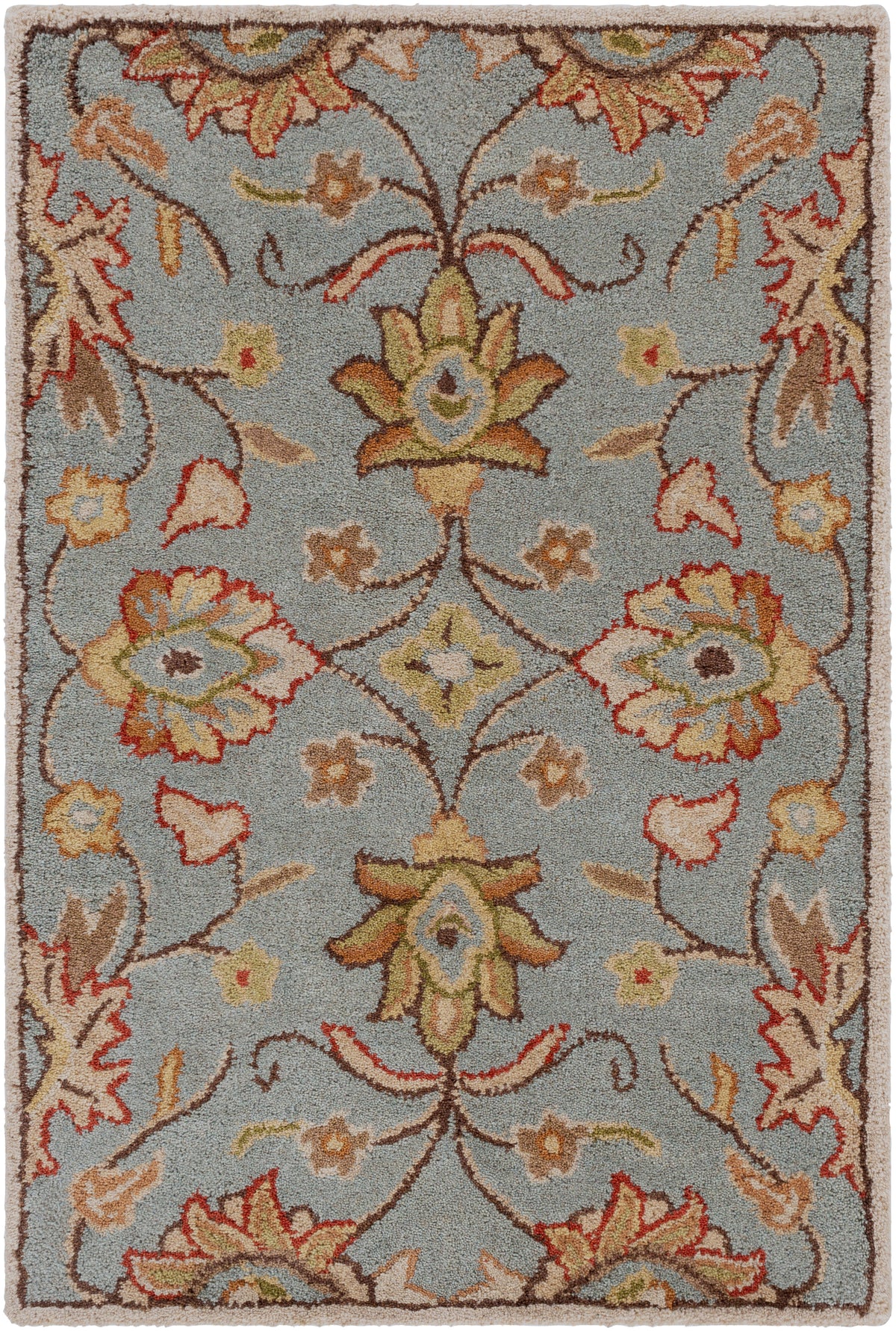 Mediterranean Cerulean hand-tufted wool rug with a classic floral pattern in blue, gold, and rust.