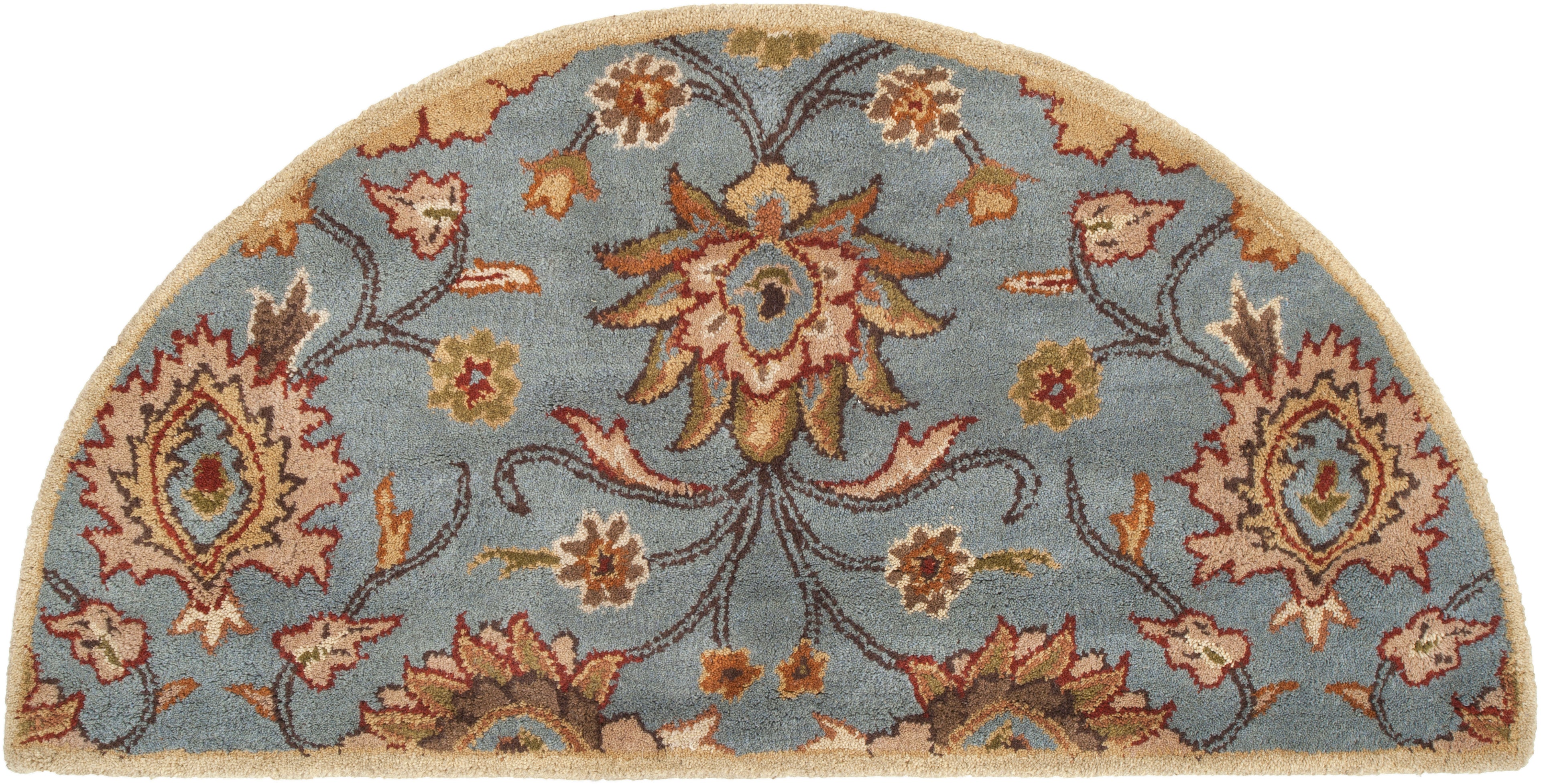 Half-round blue wool rug with a classic floral pattern in beige and brown.