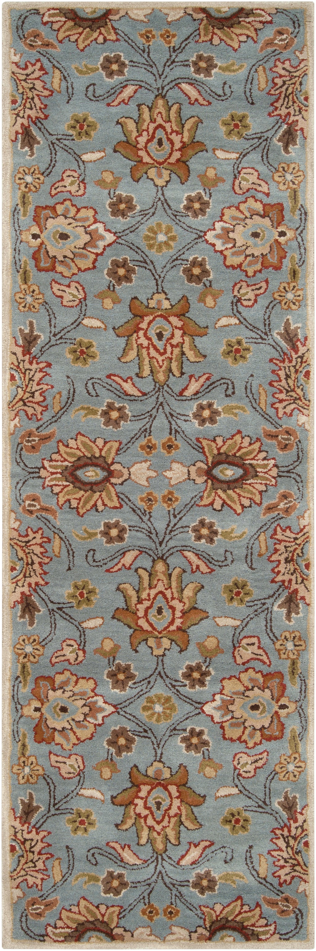 Mediterranean Cerulean hand-tufted wool runner rug with a classic floral pattern in blue, beige, and rust.