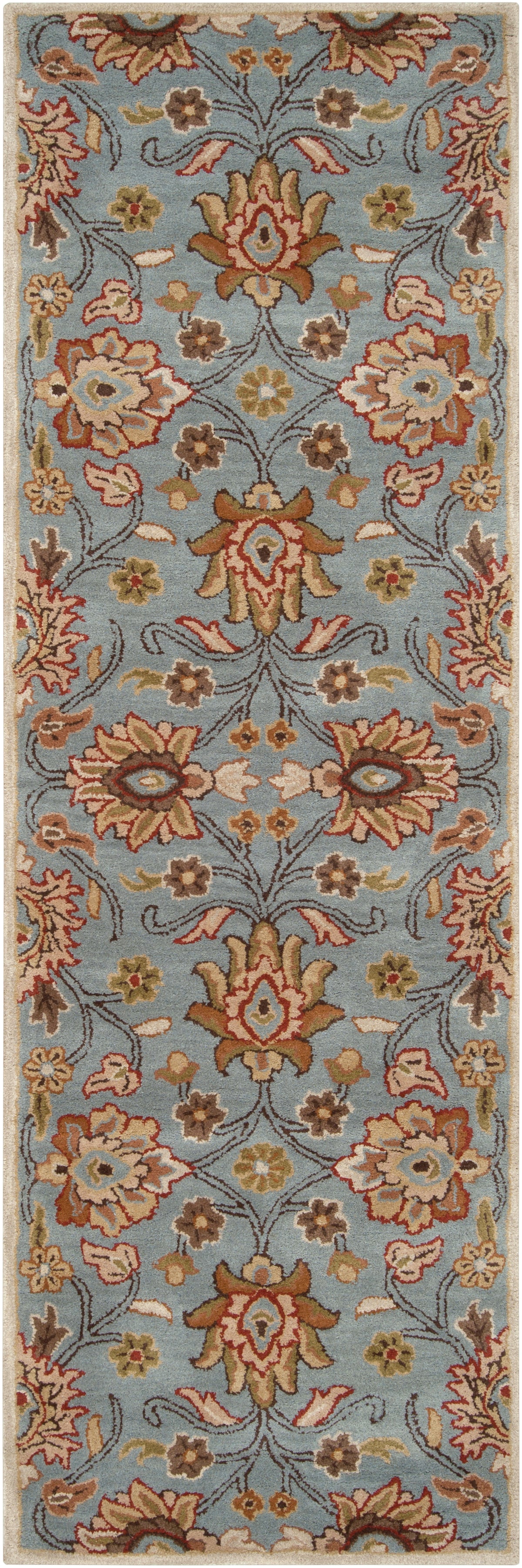 Mediterranean Cerulean hand-tufted wool runner rug with a classic floral pattern in blue, beige, and rust.
