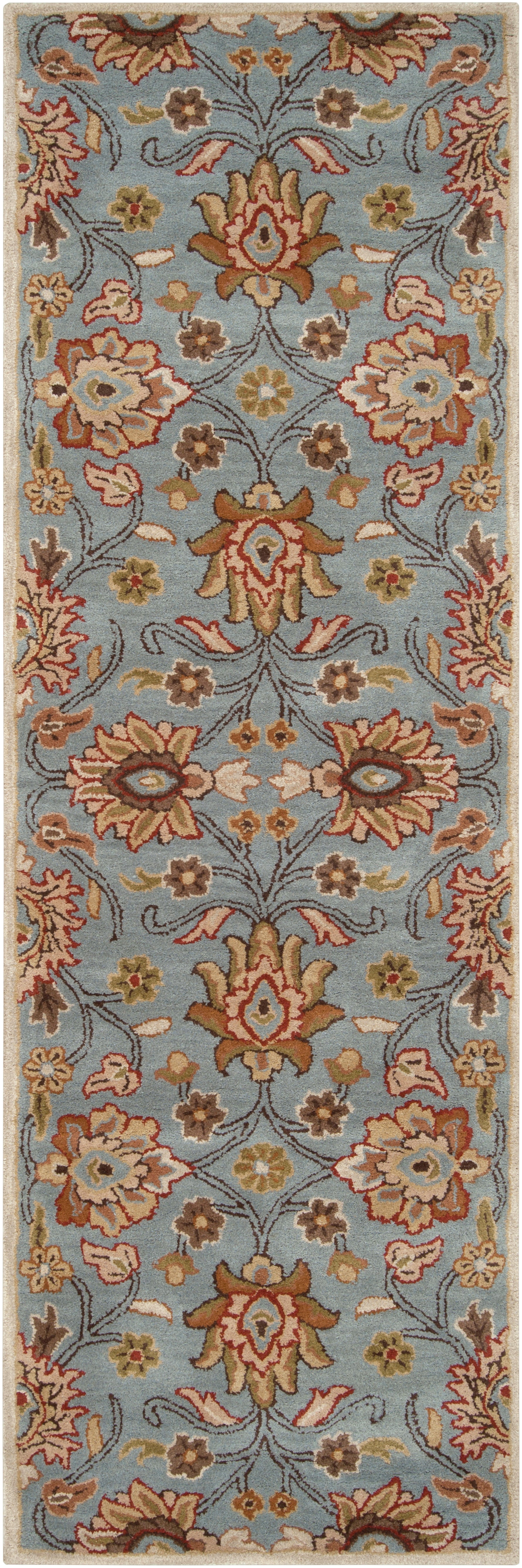 Mediterranean Cerulean hand-tufted wool runner rug with a classic floral pattern in blue, beige, and rust.