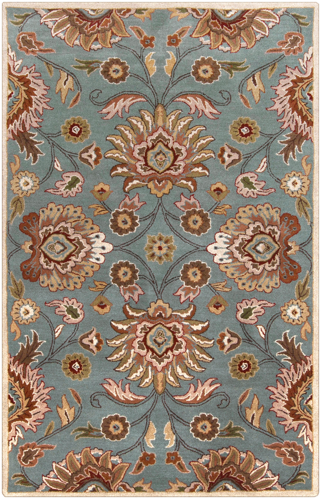 Mediterranean Cerulean hand-tufted wool rug with a classic floral pattern in blue, beige, and brown.