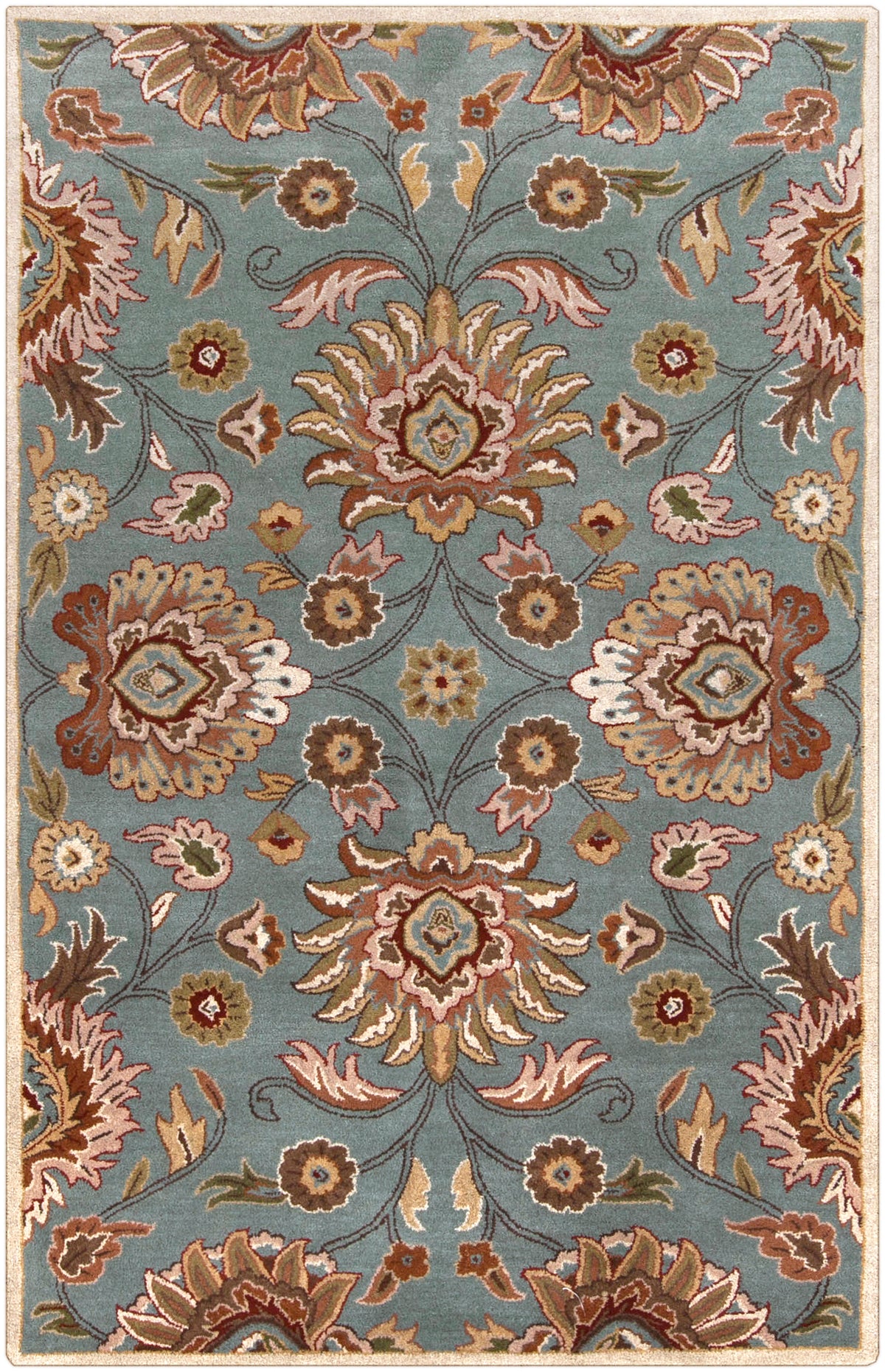 Mediterranean Cerulean hand-tufted wool rug with a classic floral pattern in blue, beige, and brown.