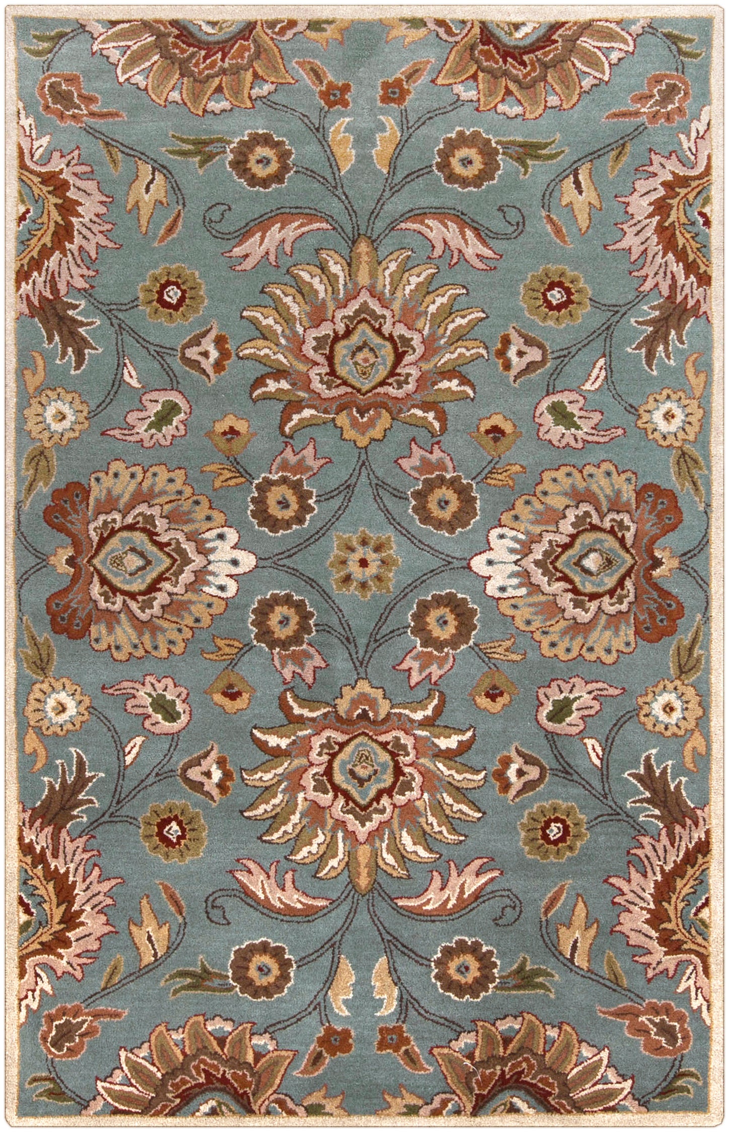 Mediterranean Cerulean hand-tufted wool rug with a classic floral pattern in blue, beige, and brown.