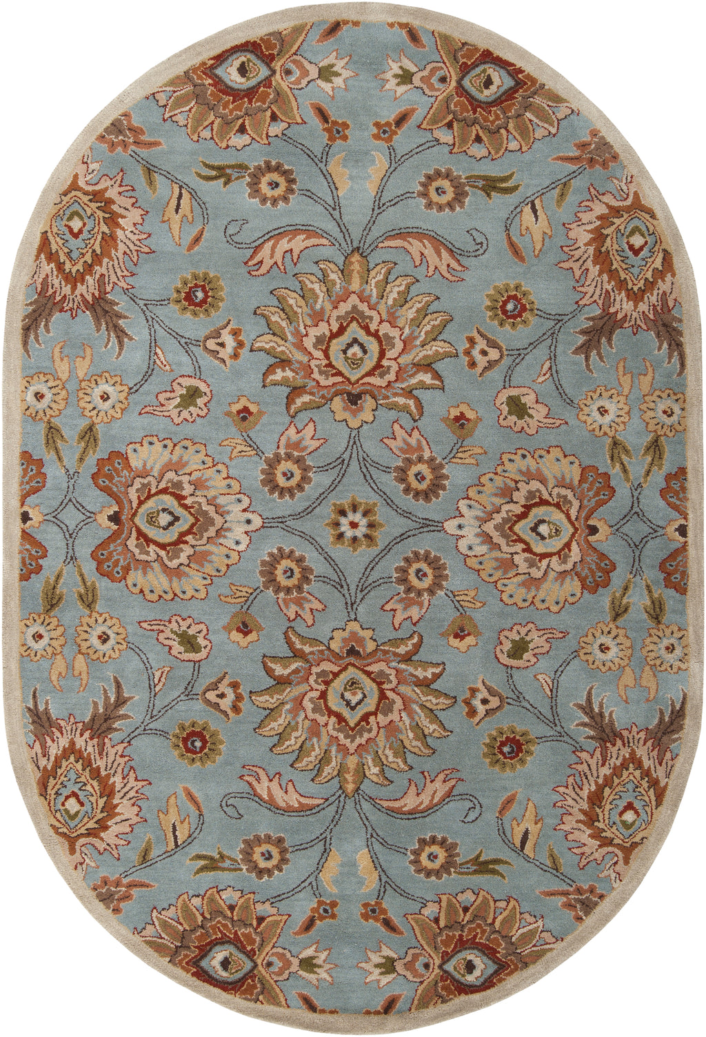 Oval Mediterranean cerulean blue wool rug with a hand-tufted floral pattern.