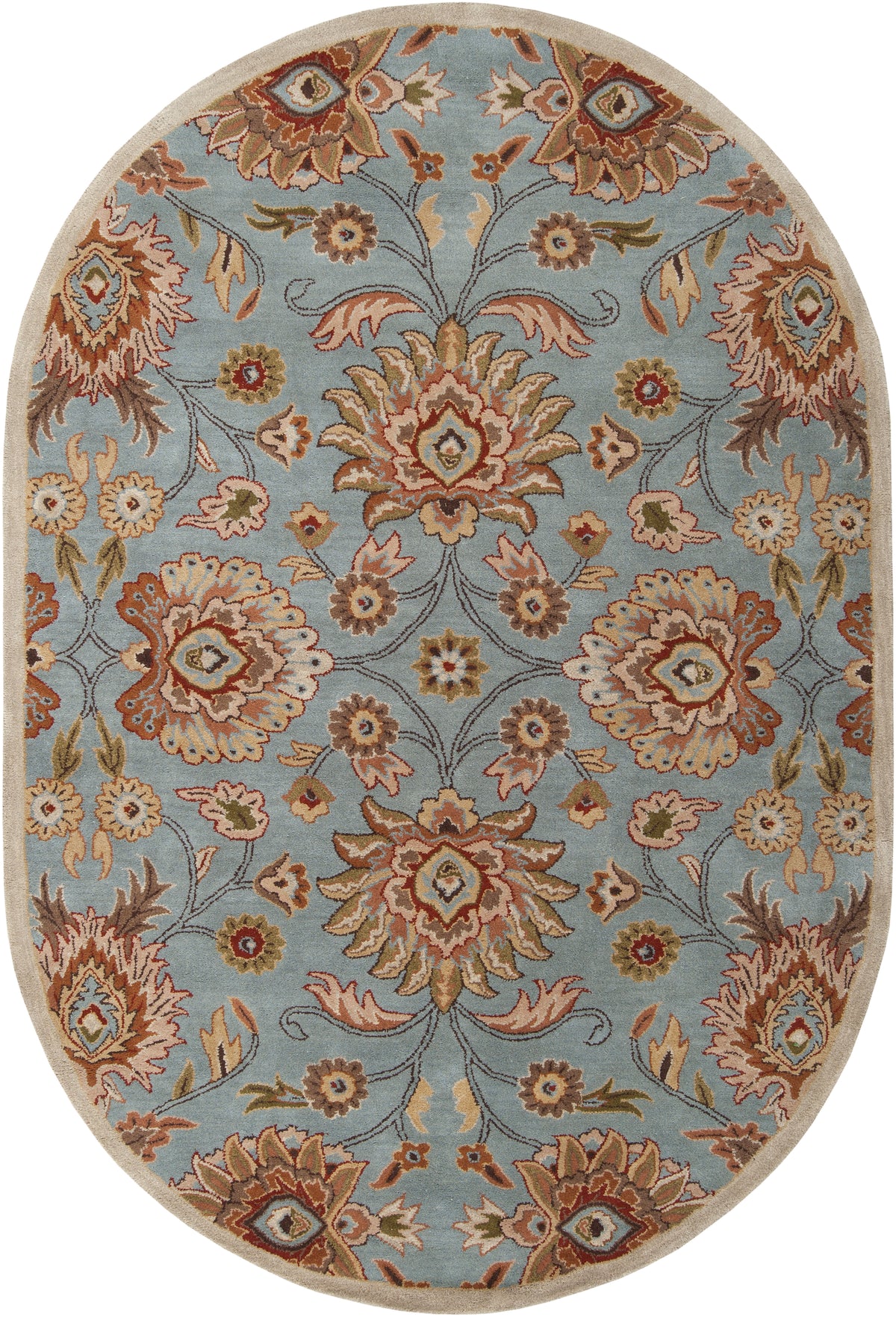 Oval Mediterranean cerulean blue wool rug with a hand-tufted floral pattern.