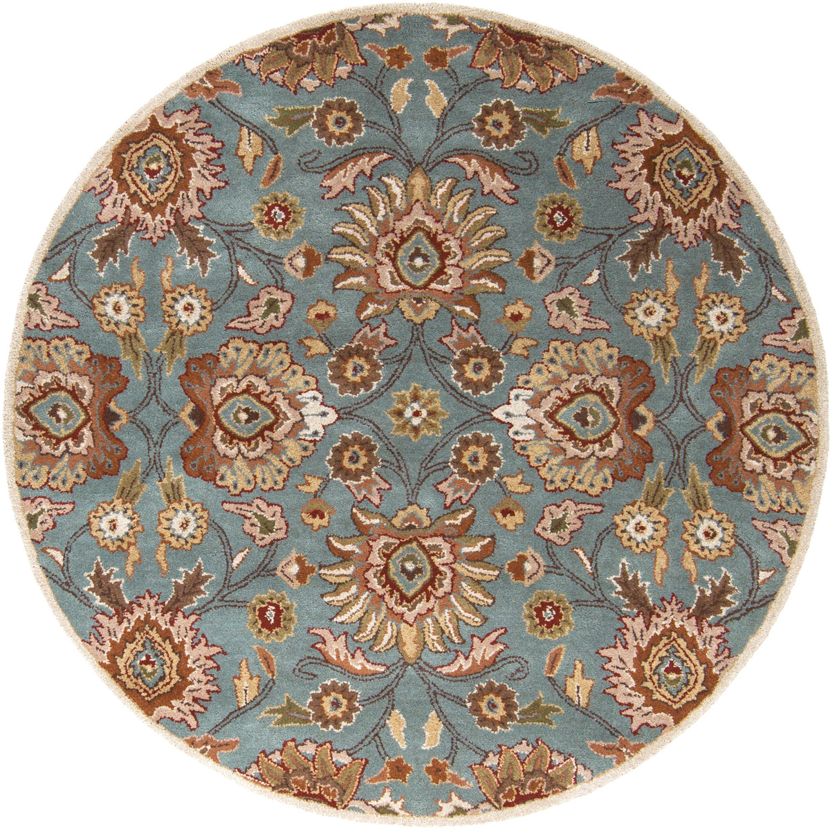 Round blue hand-tufted wool rug with a classic floral pattern in brown and beige.
