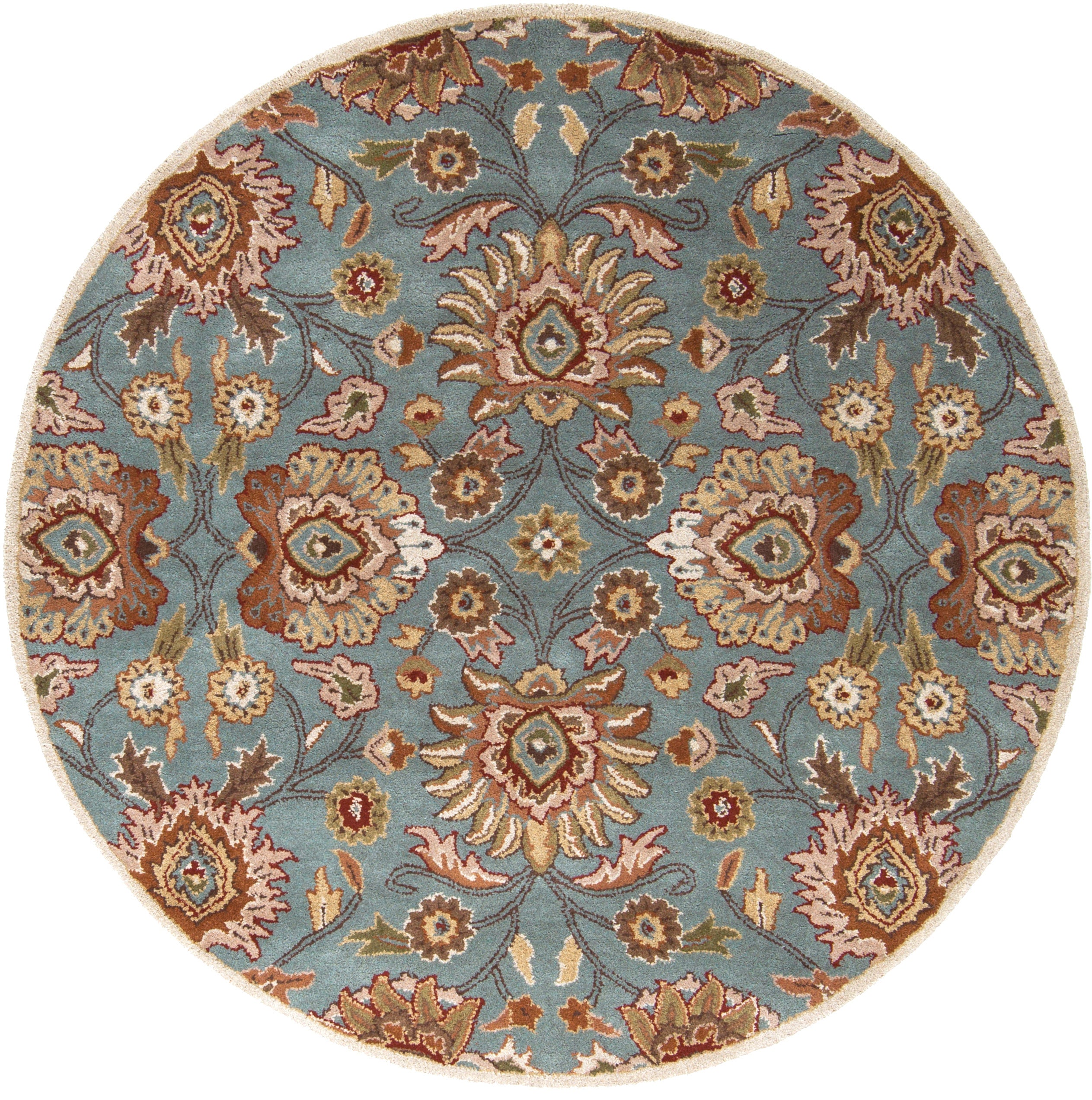 Round blue hand-tufted wool rug with a classic floral pattern in brown and beige.