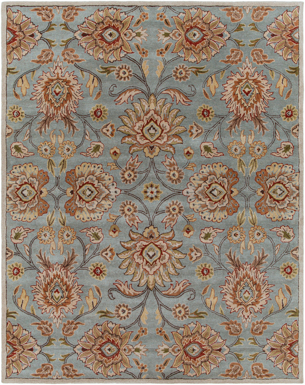 Mediterranean Cerulean hand-tufted wool rug with a classic floral pattern in blue, beige, and rust.