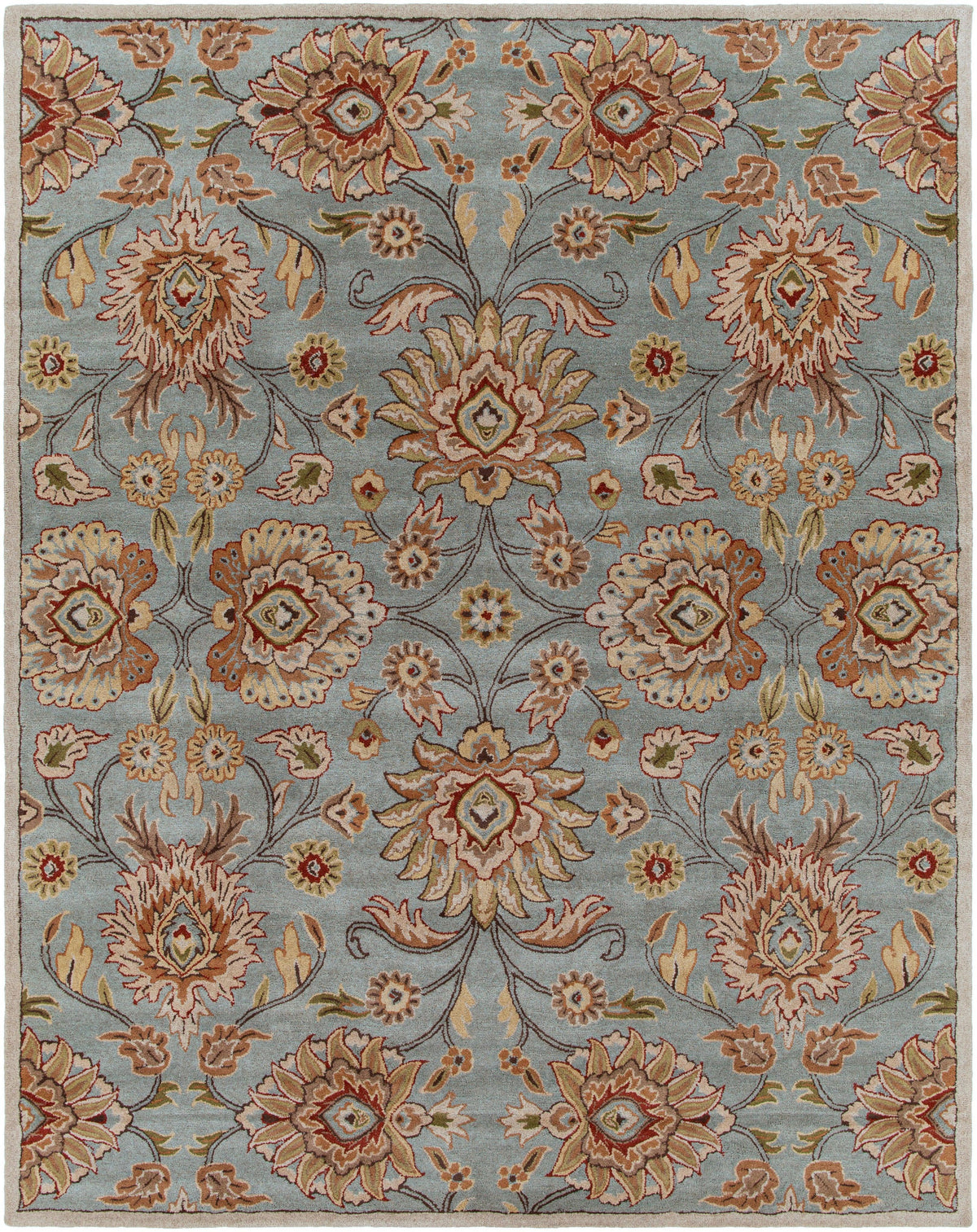 Mediterranean Cerulean hand-tufted wool rug with a classic floral pattern in blue, beige, and rust.