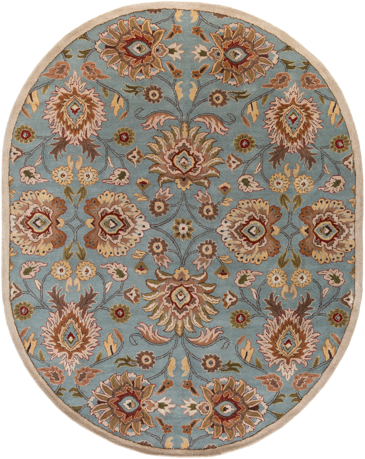 Oval Mediterranean cerulean blue wool rug with a hand-tufted floral pattern.