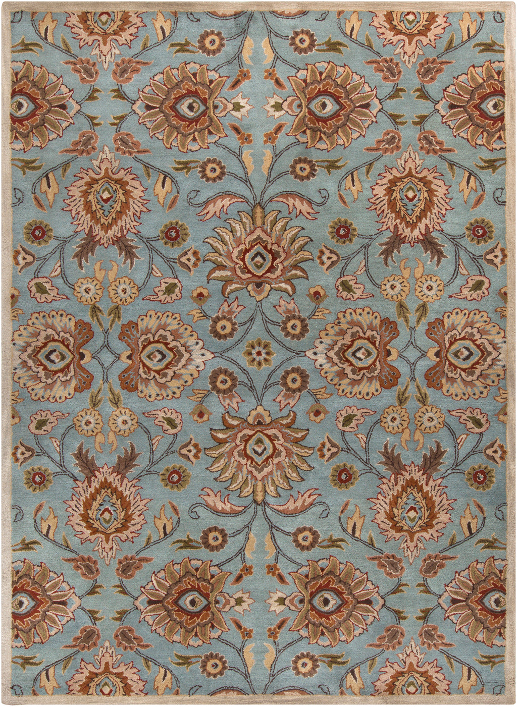 Mediterranean Cerulean hand-tufted wool rug with a blue background and beige floral pattern.