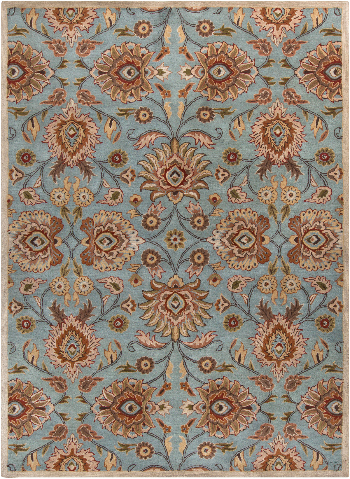 Mediterranean Cerulean hand-tufted wool rug with a blue background and beige floral pattern.