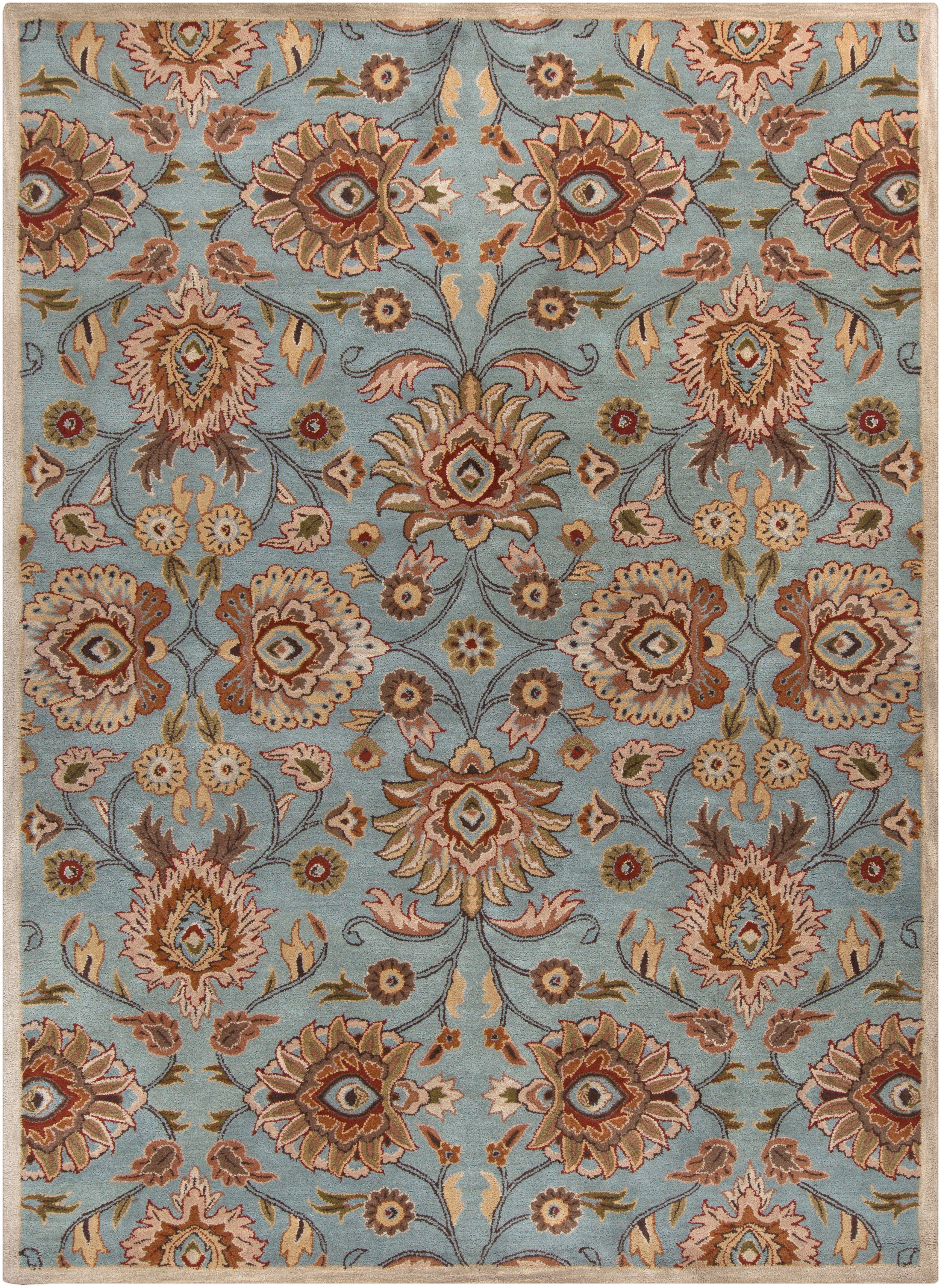 Mediterranean Cerulean hand-tufted wool rug with a blue background and beige floral pattern.