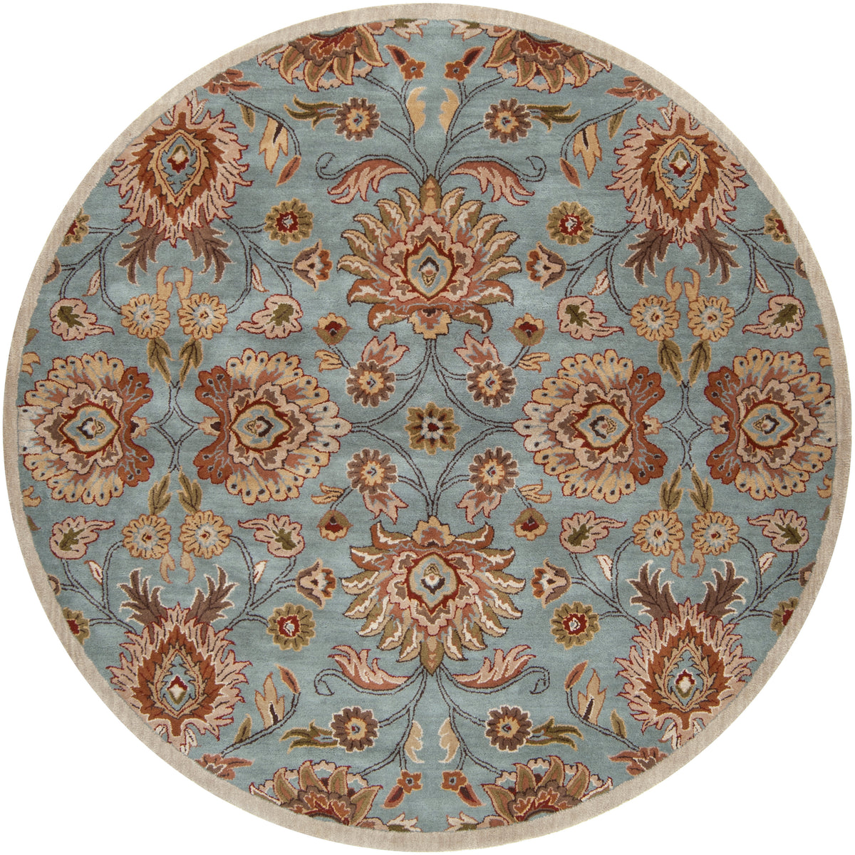 Round Mediterranean cerulean blue hand-tufted wool rug with a classic floral pattern.