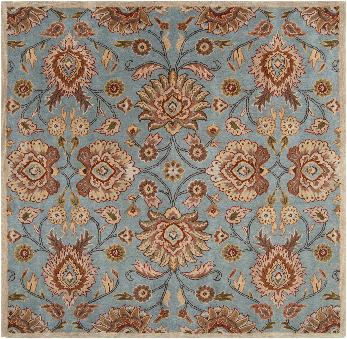 Mediterranean Cerulean hand-tufted wool rug with a classic floral pattern in blue, beige, and brown.