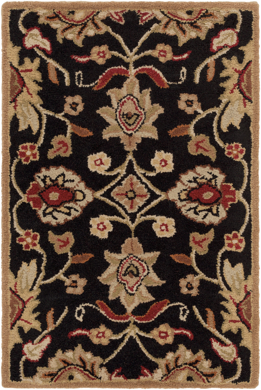 Mediterranean Ink hand-tufted wool rug with floral patterns in beige and red on a black background.