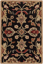 Mediterranean Ink hand-tufted wool rug with floral patterns in beige and red on a black background.
