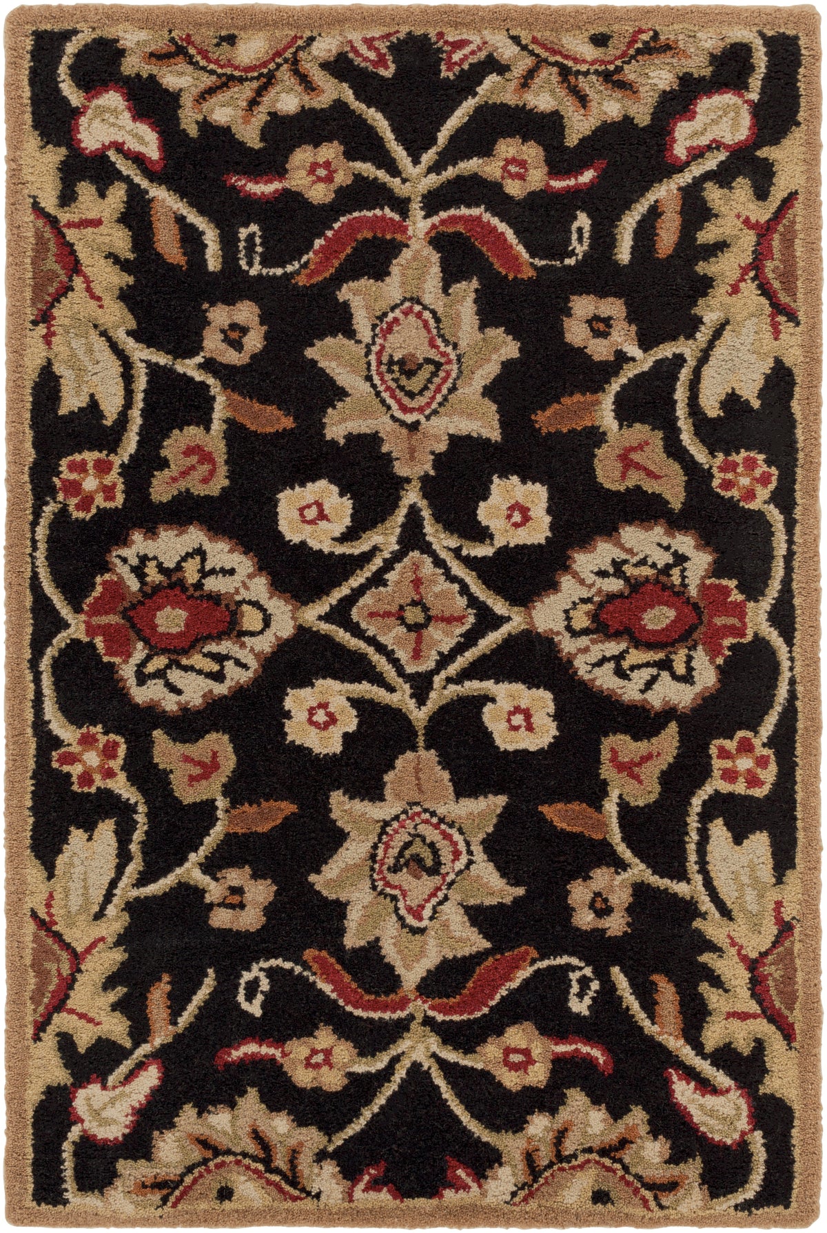 Mediterranean Ink hand-tufted wool rug with floral patterns in beige and red on a black background.
