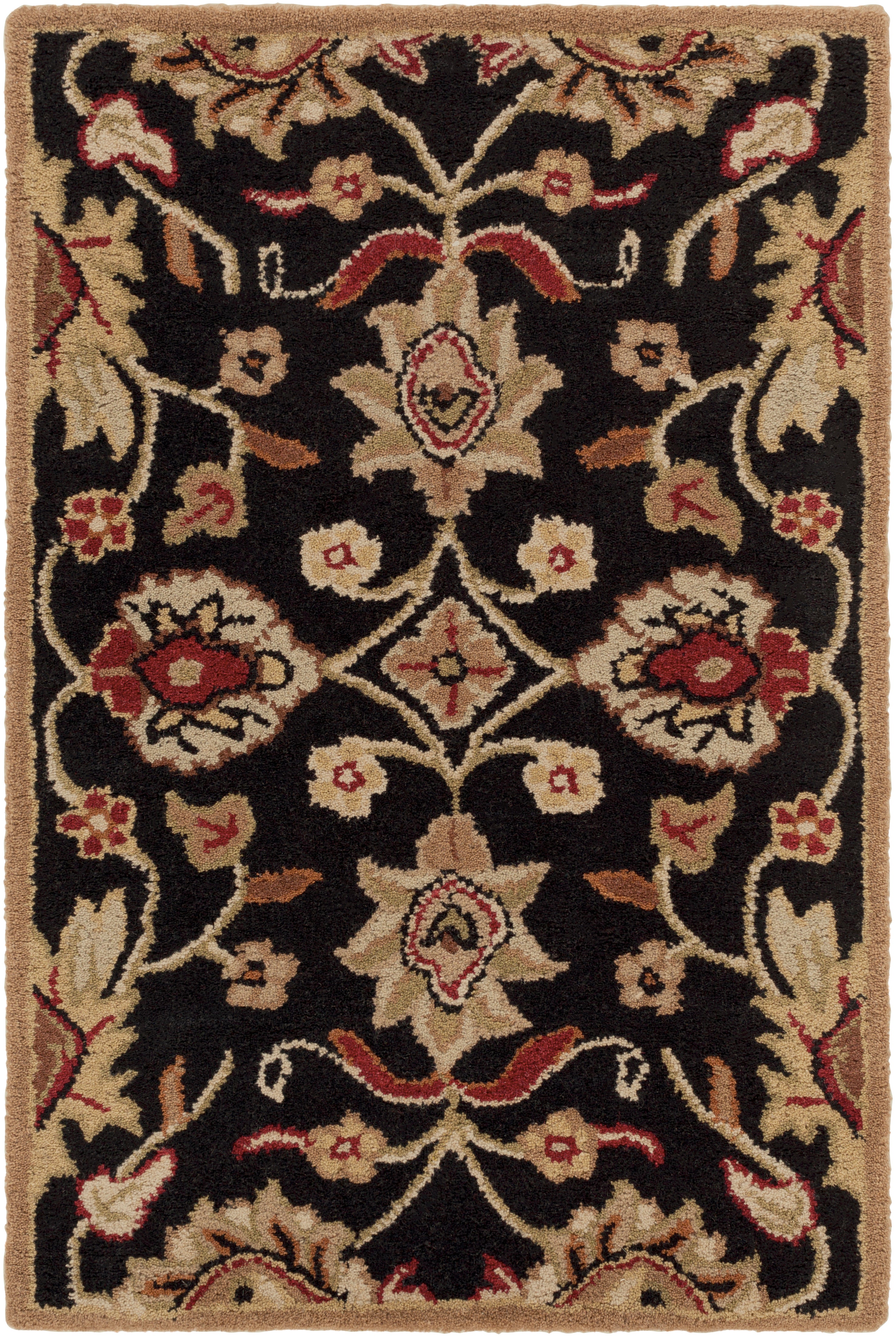 Mediterranean Ink hand-tufted wool rug with floral patterns in beige and red on a black background.