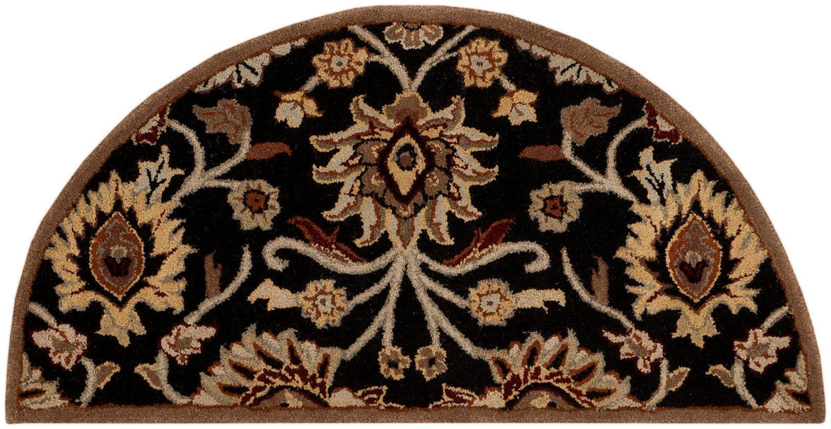 Half-round Mediterranean Ink hand-tufted wool rug with floral patterns on a black background.
