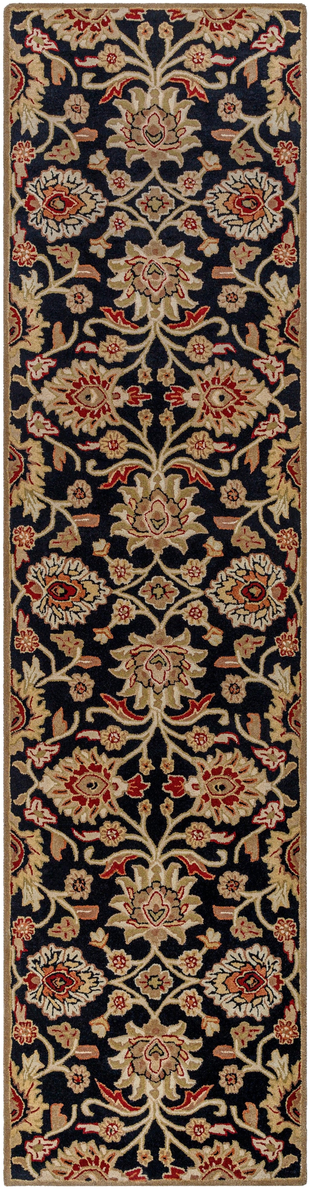 Mediterranean Ink hand-tufted wool runner rug with floral patterns on a black background.
