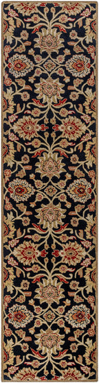 Mediterranean Ink hand-tufted wool runner rug with floral patterns on a black background.