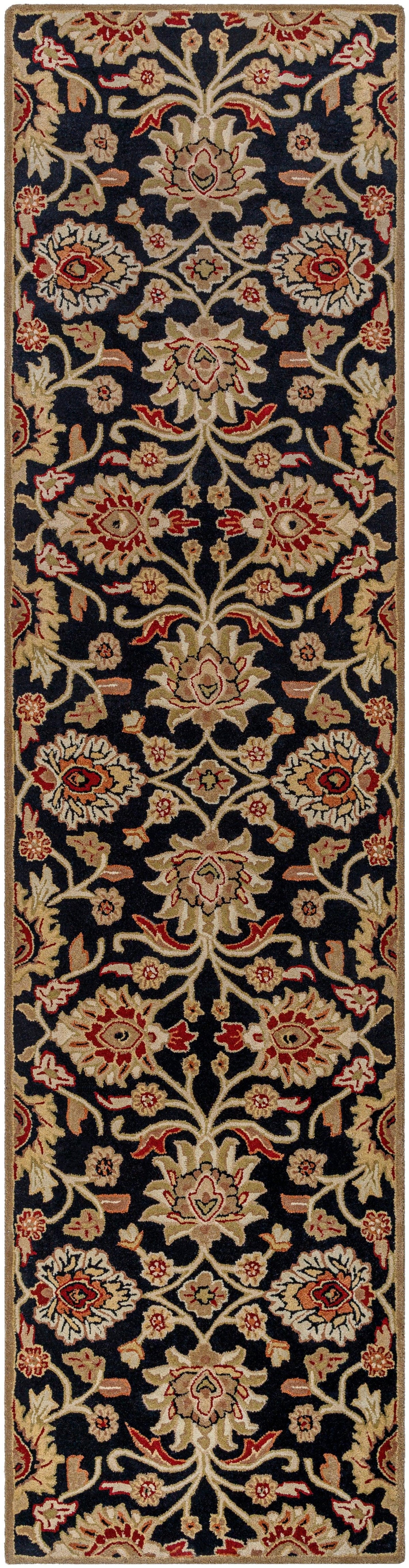 Mediterranean Ink hand-tufted wool runner rug with floral patterns on a black background.