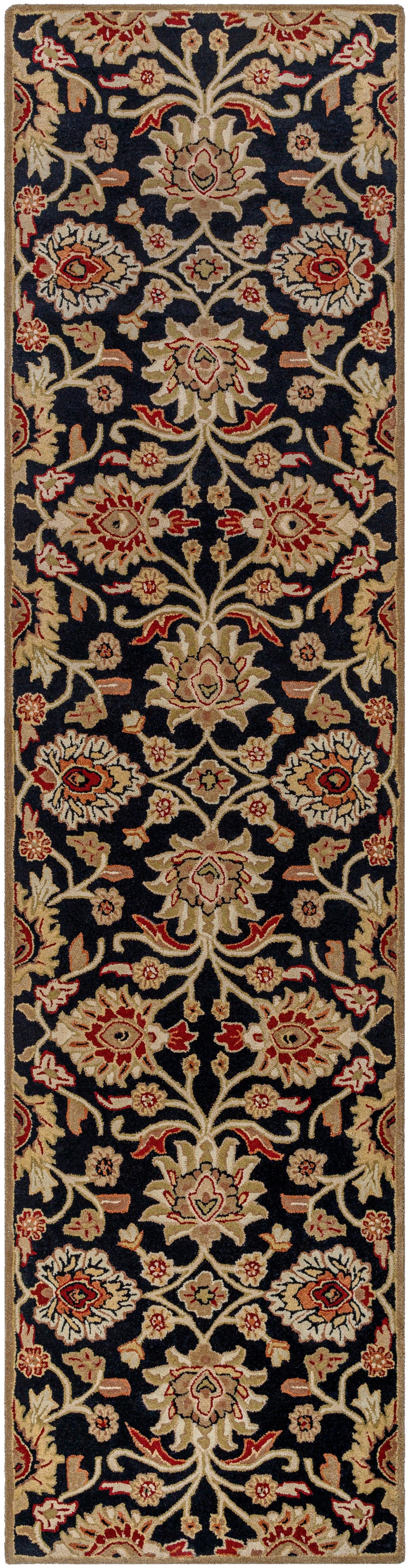 Mediterranean Ink hand-tufted wool runner rug with floral patterns on a black background.